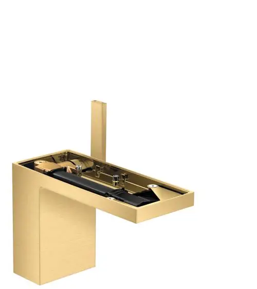 Einhebel-Waschtischmischer in Brushed Gold Optic von AXOR, mit quadratischer Bauform und integrierter Push-Open Ablaufgarnitur, ohne Abdeckplatte.
